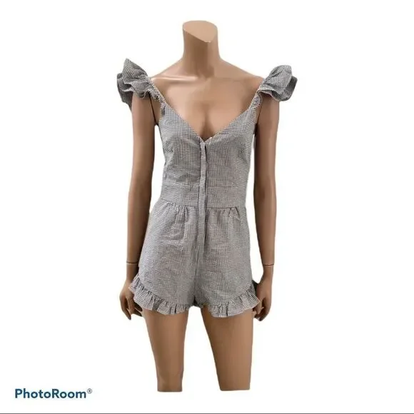 NEW LOVESHACKFANCY Revole Lucy black and white gingham ruched back romper 0